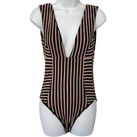 L Space Black Rose Gold White Striped Deep V Neck One Piece Swimsuit size 4 - Picture 2 of 11